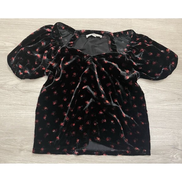 LOFT Velvet Blouse Black Red Rose Floral Puff Sleeve Romantic Whimsigoth small - Picture 1 of 7